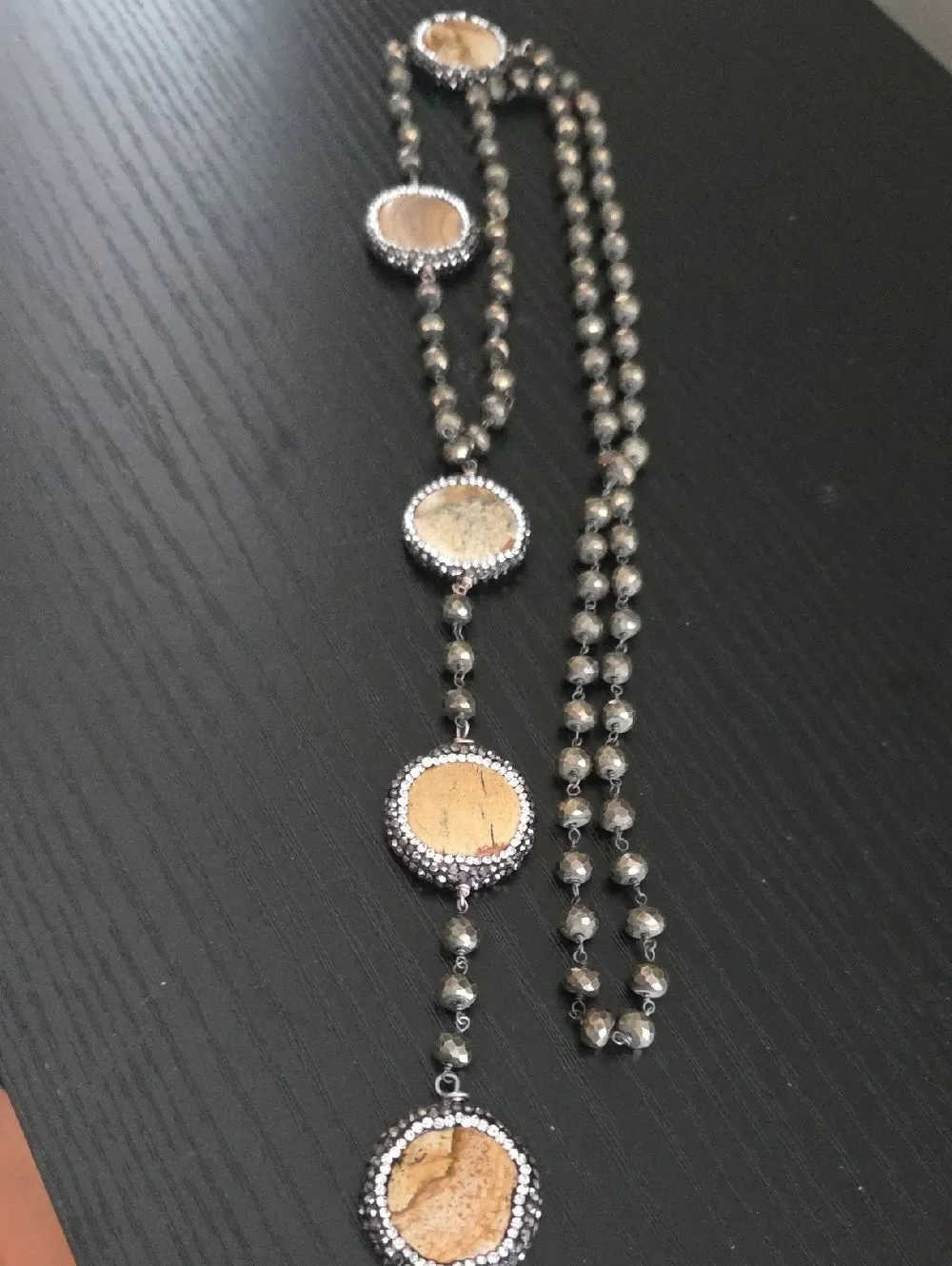 Vintage Long Necklack With Jasper Cabochones